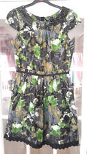 Ladies River Island Green Black Floral Sequin Trim Tea Dress Size 12 Army
