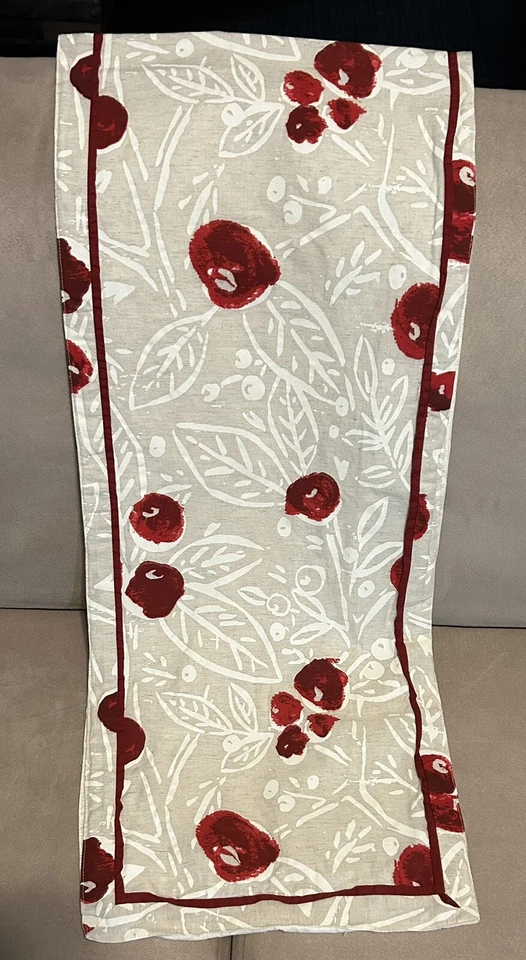 Table runner Red Berry cream leaf floral red ribbon 67x14” - Image 3 of 4