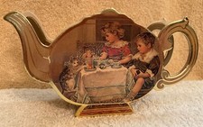 Vintage 1989 B. Shackman Mini Gold Tea Set in Cardboard Teapot Box Pussy To Tea