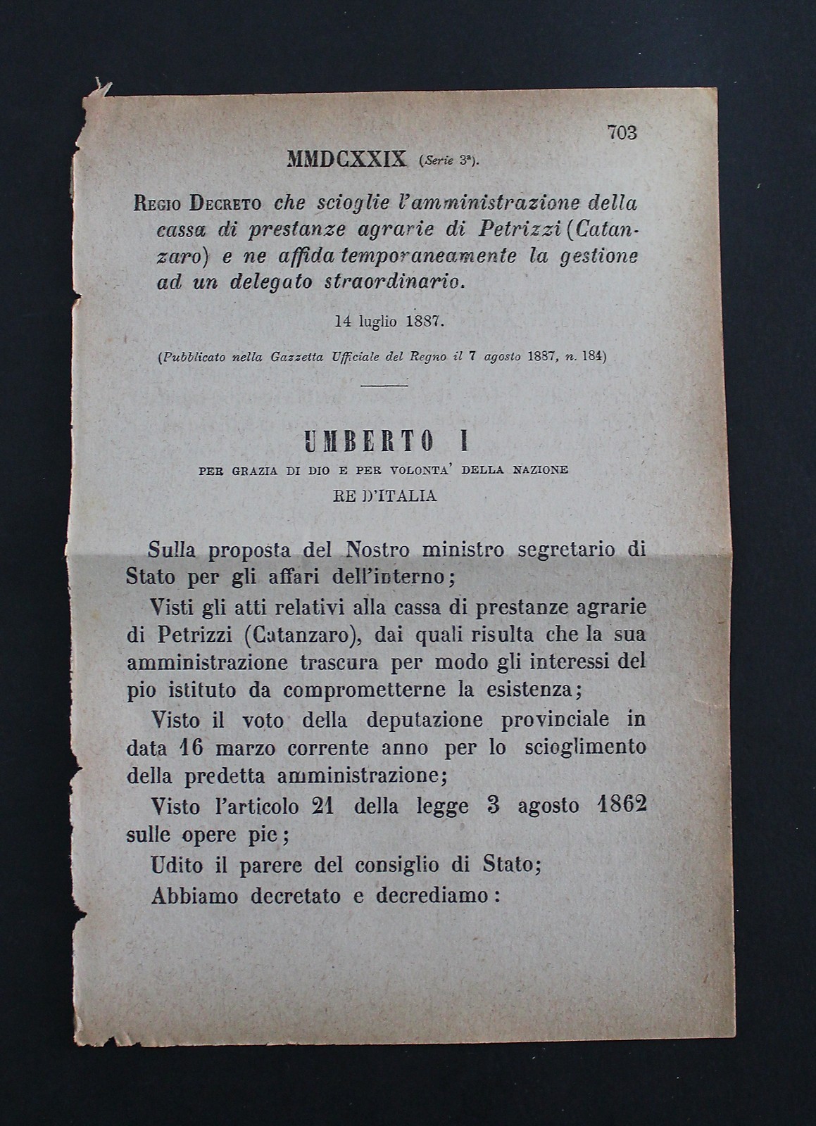 REGIO DECRETO - Umberto I - Re d'Italia - 9