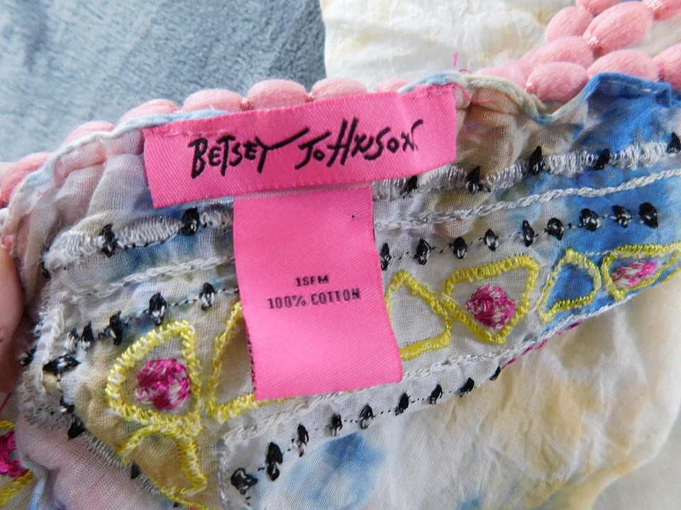 Betsey Johnson Scarf Womens One Size Tie Dye Pom Pom Trim Embroidered Boho Wrap - Image 2 of 4