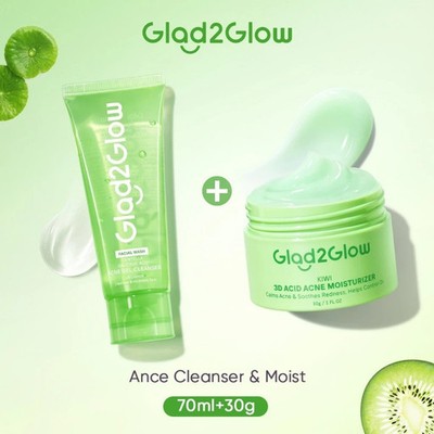 Glad2Glow Centella Acne Cleanser & KIWI 3D Acid Acne Moisturizer set