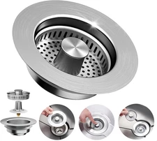 3-In-1 Kitchen Sink Drain Strainer - Pop up Sink Stopper, 304 Stainless Steel Si