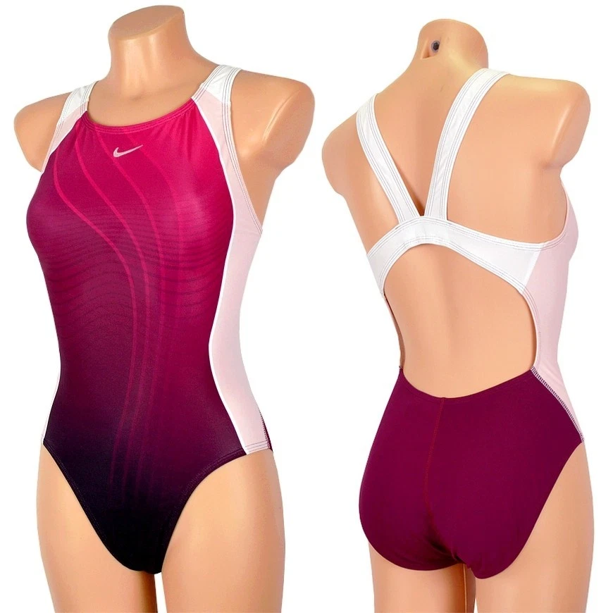 Nike Maillot de Bain Une Pièce Femme Sport Natation Racerback Lila Rose Blanc - Photo 1/1