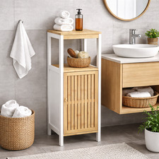 Colonna Mobiletto Bagno Moderno Bianco Legno e Bambù 32x30x91cm 1 Anta 2 Ripiani