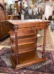 French Antique Marble Top Henry II Walnut Small Sideboard / Server / Entry Side