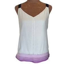 Banana Republic Silk Sleeveless Blouse Women Small Beige Purple Trim Keyhole EUC