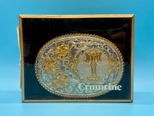 CRUMRINE "T" Initial Letter Monogram Vintage Silver Gold Western Belt Buckle