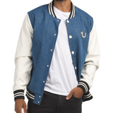 True Religion Mens Varsity Jacket Blue Denim White Sleeve Buddha Logo Size Large