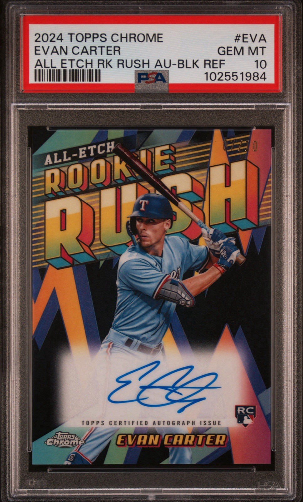 Evan Carter RC 2024 Topps Chrome All-Etch Rookie Rush Black Auto /10 PSA 10 GEM
