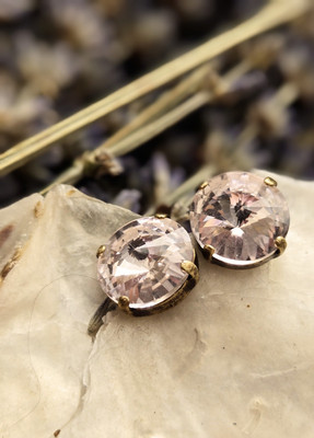 Pink Light And Faint Austrian Crystal On Brass Earrings
