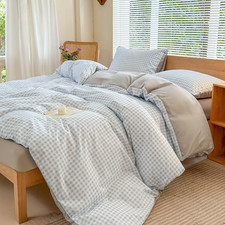 Light Blue Gingham Twin Duvet Cover Set, Soft Plaid Microfiber Bedding 2Pcs