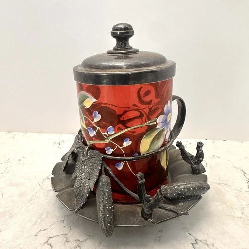 Vintage Cranberry Ruby Glass Pickle Castor Set Silver Plated Hand Painted Flower