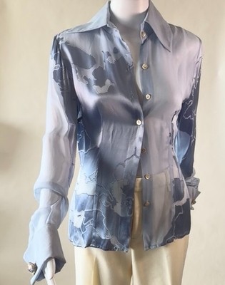 Designer Alviero Martini Sky Blue Silk Chiffon Blouse with Satin Applique