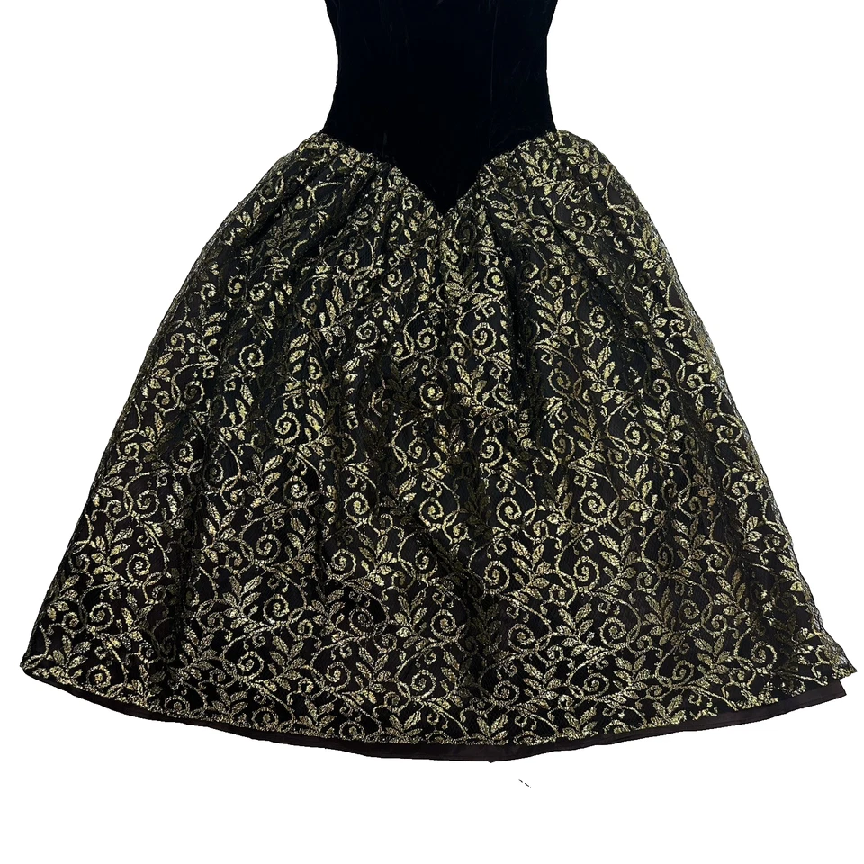 Vintage Jessica McClintock Gunne Sax Black Velvet Gold Lace Dress Size 3/4 Glam - Image 4 of 4