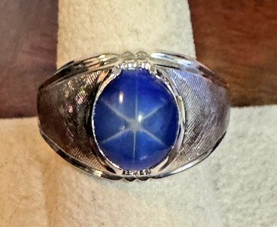 Vintage Vargas Mens Deco Ring 18kt White Gold HGE Simulated Sapphire S13 NWT/NOS