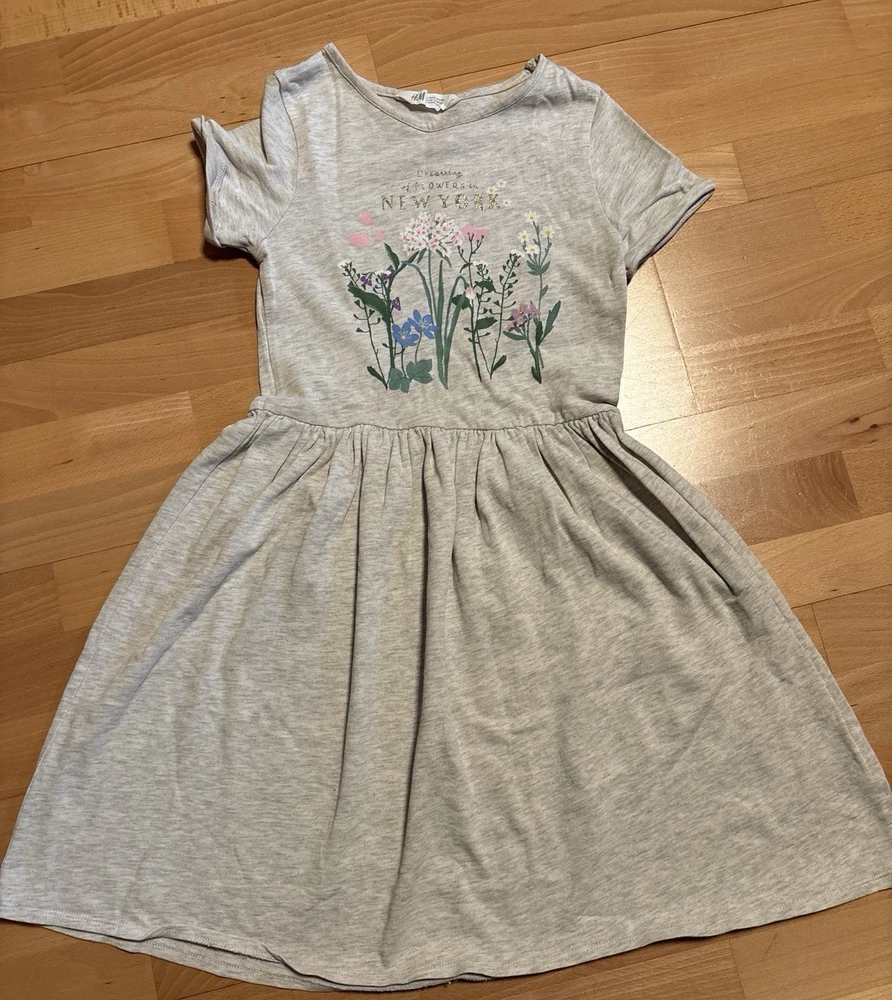 Kleid, H&M, Größe 134/140, grau-beige meliert mit Blumen