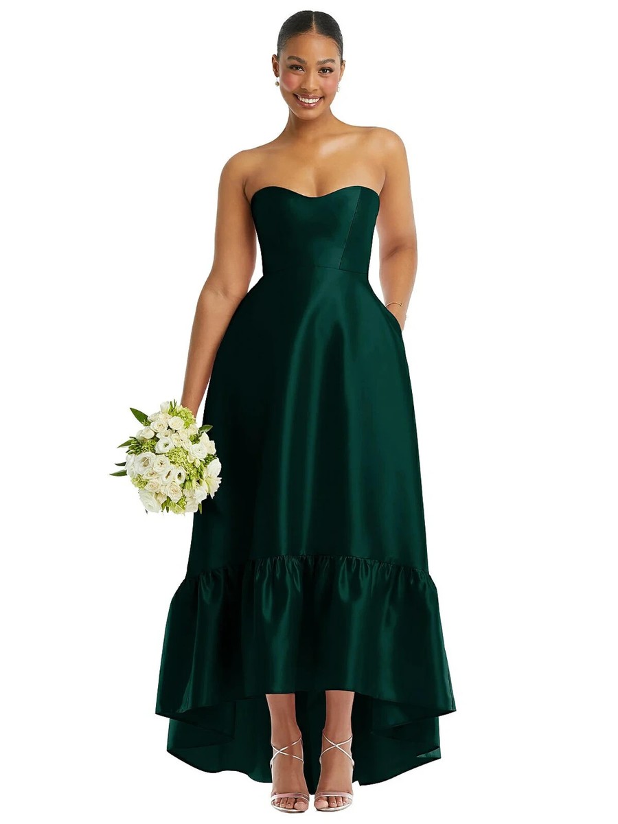 Alfred Sung Evergreen Strapless Ruffle High-Low Satin Gown Size 6 $269 D838  | eBay