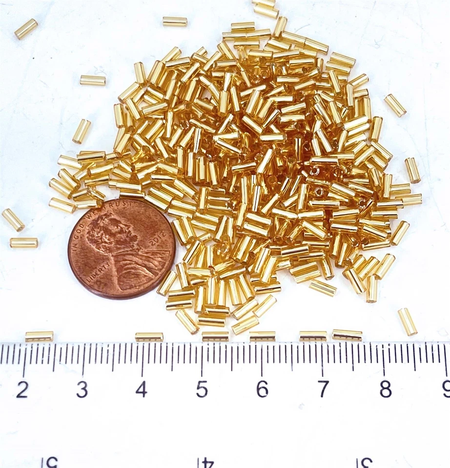 500 pcs Glass Bugle Beads Plated Metallic Goldenrod tube cylinder Seeds 4 - 5mm - Image 2 of 4