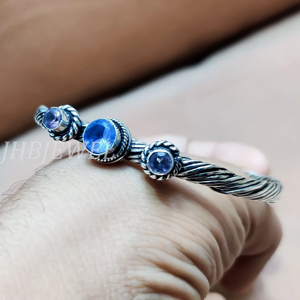London Blue Topaz & Amethyst Gemstone 925 Sterling Silver Men's Gift Bangle Cuff - Image 3 of 4