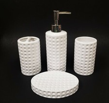 NEW 4 PC SET 3D TEXTURED WHITE CERAMIC SOAP DISPENSER TUMBLER SOAP DISH TOOTH