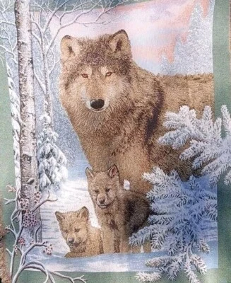 Wolf Family In Snowy Woods Vintage Tapestry Throw Blanket Wall Hanging 49"x60" - Image 1 of 4