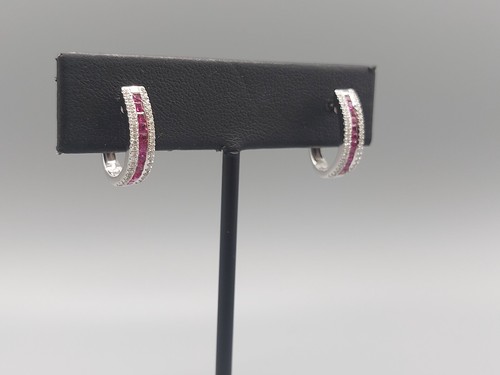 Ruby & Diamond Channel Hoop Earrings 18ct White Gold - Picture 6 of 6