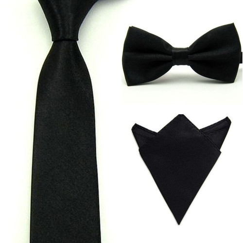 Mens Plain Solid Color Satin Bowtie Bow Neck Tie Pocket Square Handkerchief Set - Picture 2 of 36