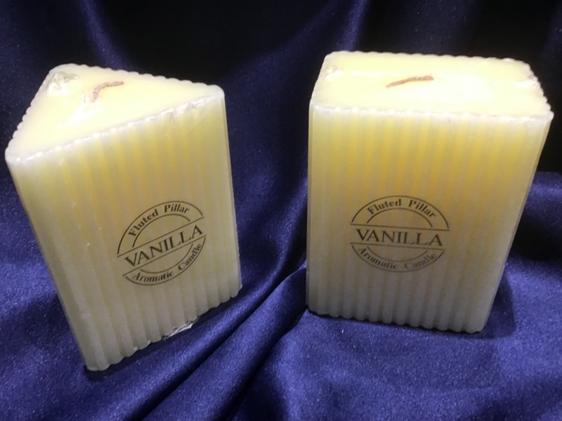 2 FLUTED PILLAR VANILLA SCENT AROMATIC CANDLES triangle rectangle shapes NEW!!