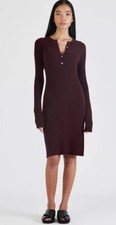 ATM Cashemere blend Wide Rib Henley Sweater Dress in Port Large NWT
