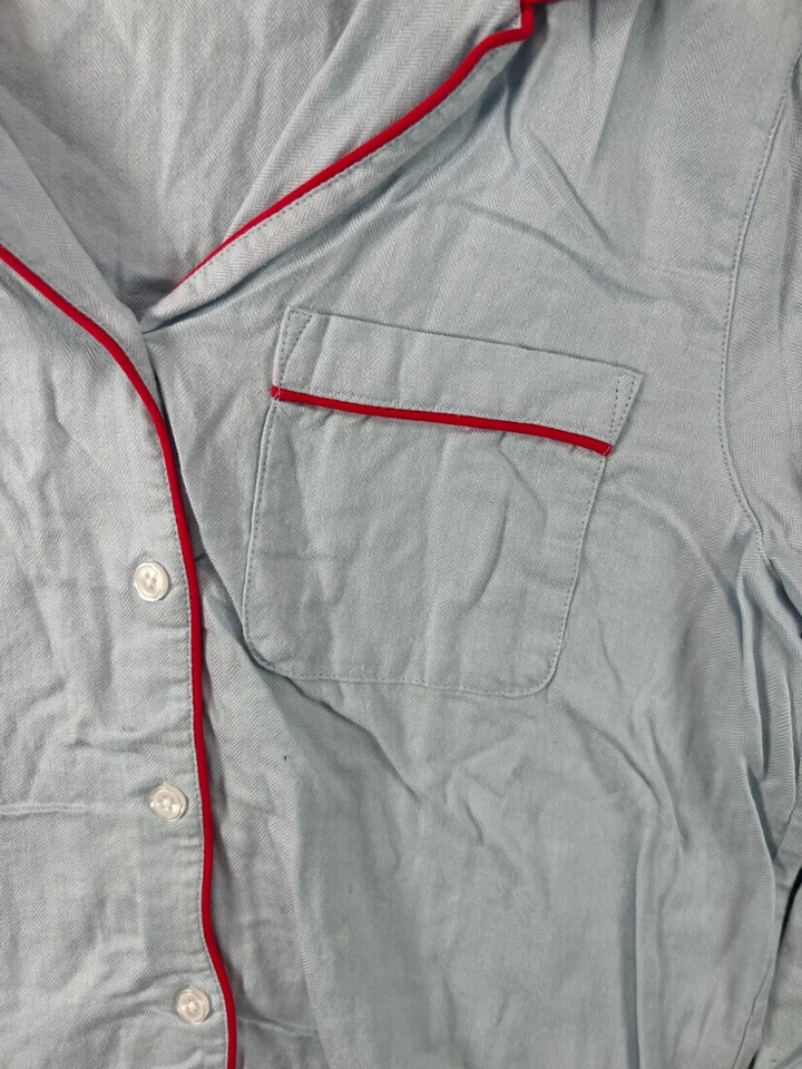 Pijama Lands End Feminino PJ Tops Pequeno Azul Espinha de Arenque Manga Longa Acabamento Vermelho - Imagem 2 de 4