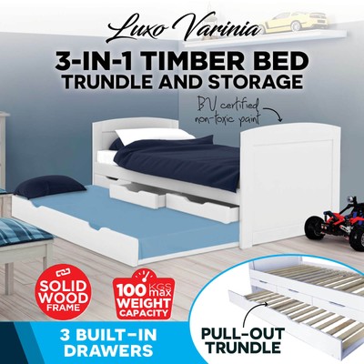 Solid Pine Timber Trundle Bed Frame Storage Drawers Wooden Kids Furniture Single Ebay