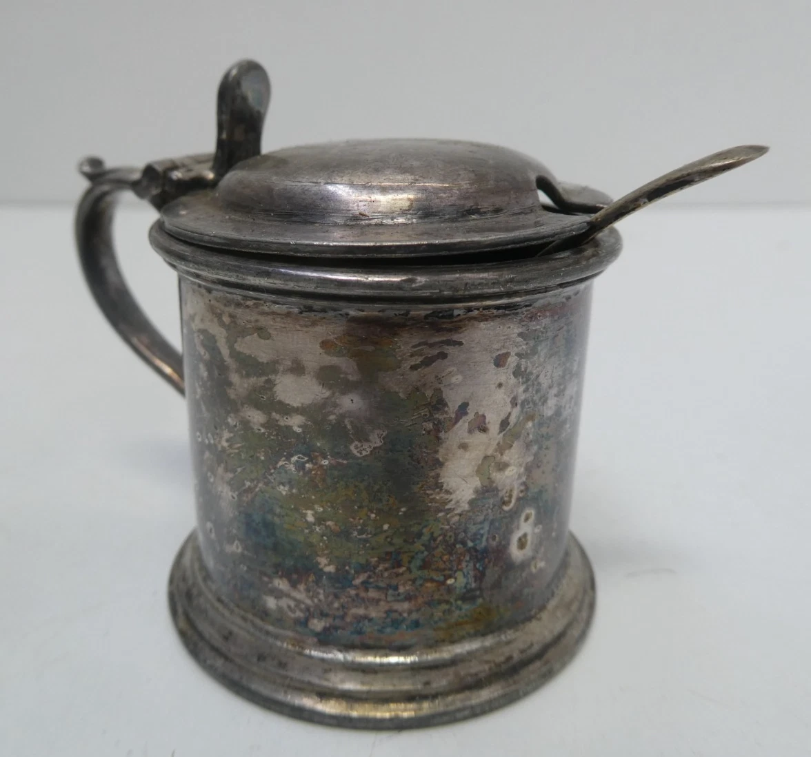ANTIQUE WALKER & HALL SHEFFIELD MUSTARD JAR POT SILVER PLATED EPNS & APEX SPOON