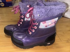 UGG Girl Butte II Boots Purple Pink Lined Waterproof Size 1 Bootie Rubber Fur