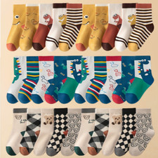 5 Pairs Kids Cartoon Crew Socks Set - Dinosaur Smile Bear Plaid Patterns 6/12-YR