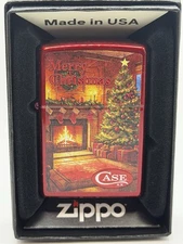Case XX Knives Christmas Fireplace Candy Apple Red Zippo Lighter NEW