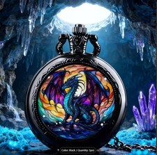 Black Dragon Stained Glass Style Pocket Watch with Chain
