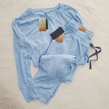 Ocean + Coast Womens XL Blue Waffle Knit Thermal Pajama Set Shirt Pants FLAWS