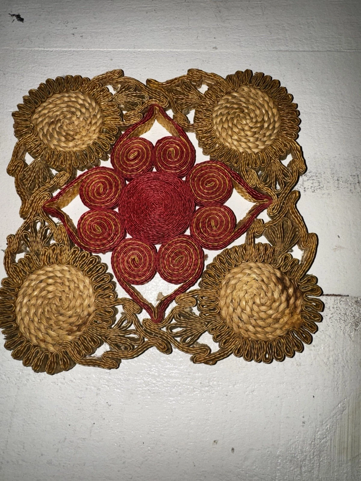 Set of 2 Vintage Raffia Trivets Straw Woven Boho Multicolor Decor 70’s MCM Art - product detail image 2