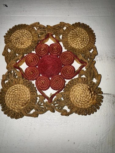 Set of 2 Vintage Raffia Trivets Straw Woven Boho Multicolor Decor 70’s MCM Art image 2