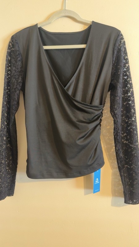 Women’s Black Ruched Long Lacey Sleeve Top Cupshe Large NWT