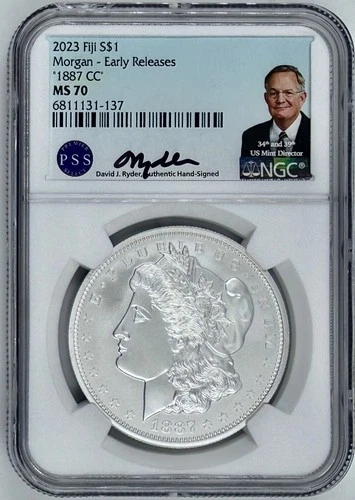 2023 Fiji 1 oz Silver Morgan 1887 CC Dollar $1 NGC MS 70 PSS Ryder Signed ER