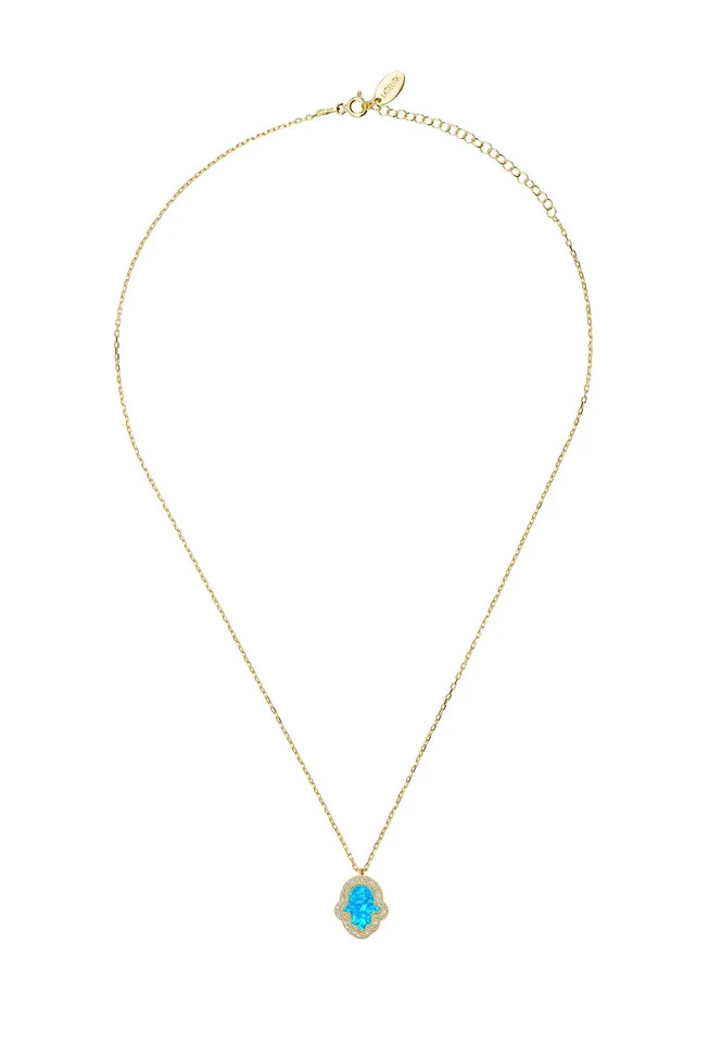 Türkisblaues Opalit Hamsa CZ Halskette Anhänger Böses Auge CZ Gold 925 Silber - Bild 3 von 4