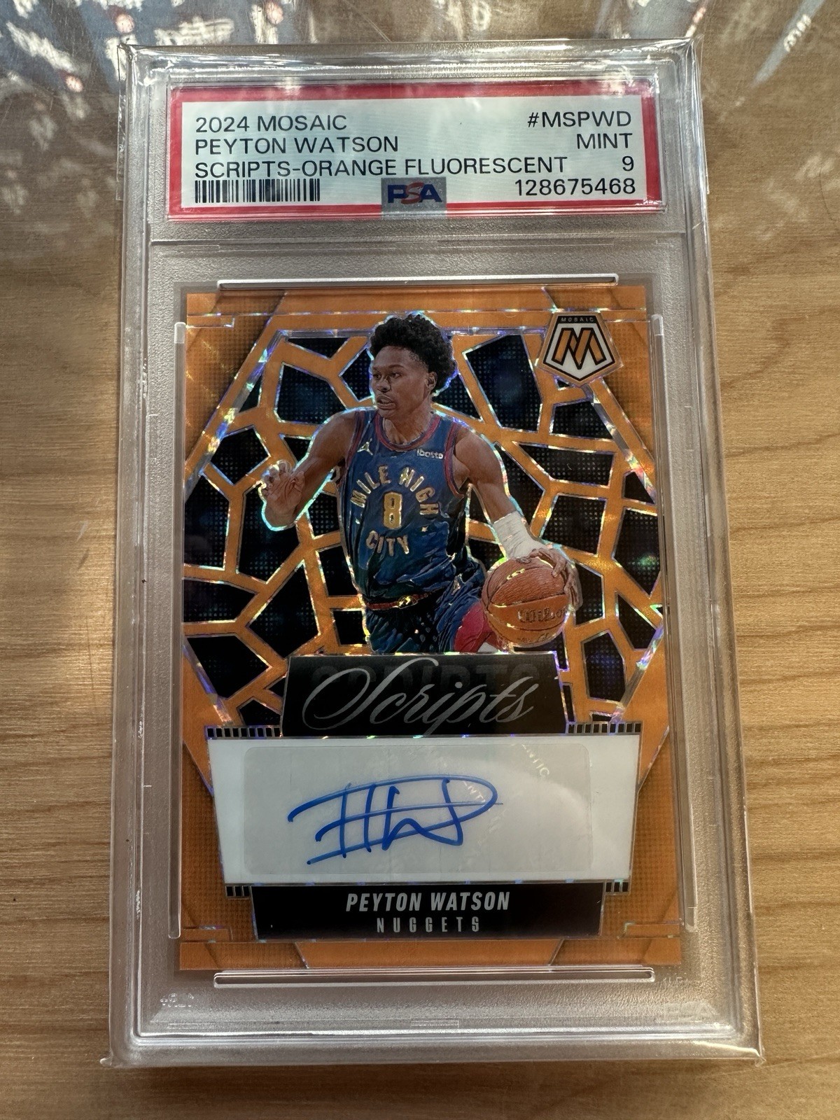 Peyton Watson Auto Orange Fluorescent Scripts /25 2024-25 Panini Mosaic Nuggets