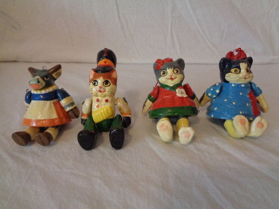 VINTAGE PAINTED WOOD CATS COW ORNAMENTS ANTHROPOMORPHIC JOINTED NOVELTY DECOR