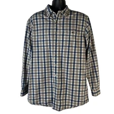 L. L. Bean Mens Button Up Shirt Blue Plaid L Tall Classic Collared Long Sleeve