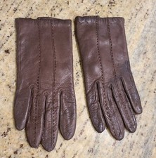 Vintage Size S 6.5 Brown Leather Acrylic Knit Lined 8" Gloves Stitching Accent