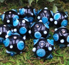 Qty. 10 - 15MM Round Bumpy Black, Blue  White Lampwork Glass Beads