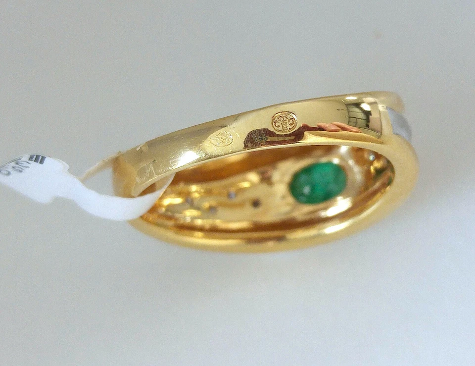 Bague neuve Or jaune et blanc bicolore 18 carats femme Emeraude ovale 8 Diamants - Photo 2/4