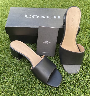 COACH BLACK MAGGI LEATHER SANDA GOLD TRIM LOGO BLOCK HEEL SANDALS 